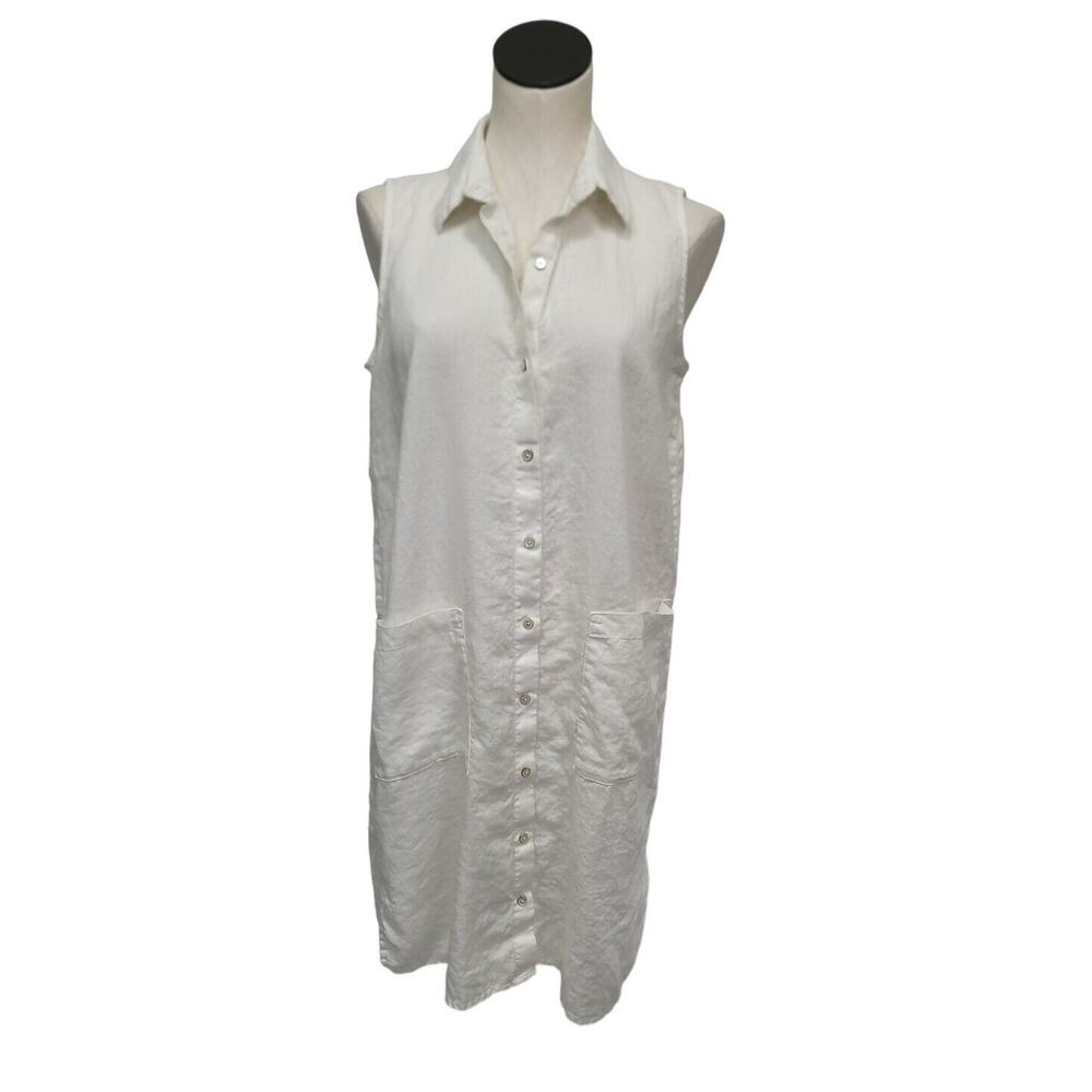 Eileen Fisher White Sleeveless Button-Front Mini Shirt Dress